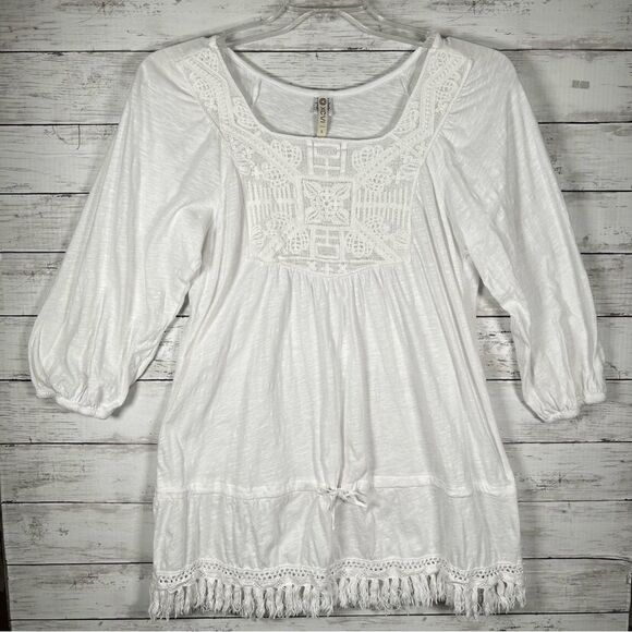 XCVI Babydoll Fringe Accent Oversized White Cotton Tunic Top S - Picture 1 of 9